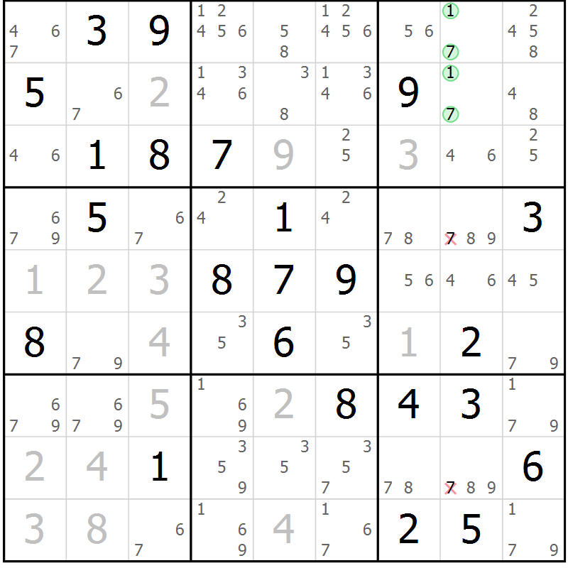 Position des candidats pour la solution de la Gr 77 page 80 du magazine de sudoku Virtuose n° 123