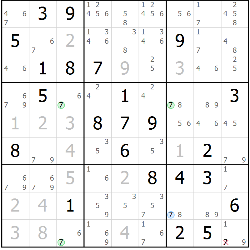 Position des candidats pour la solution de la Gr 77 page 80 du magazine de sudoku Virtuose n° 123