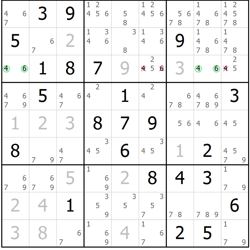 Position des candidats pour la solution de la Gr 77 page 80 du magazine de sudoku Virtuose n° 123