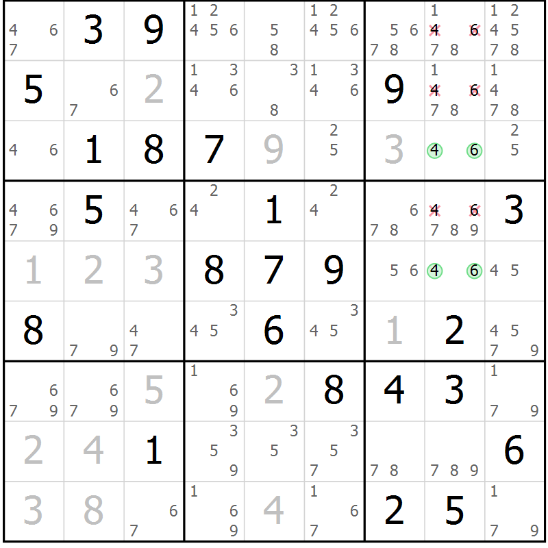 Position des candidats pour la solution de la Gr 77 page 80 du magazine de sudoku Virtuose n° 123