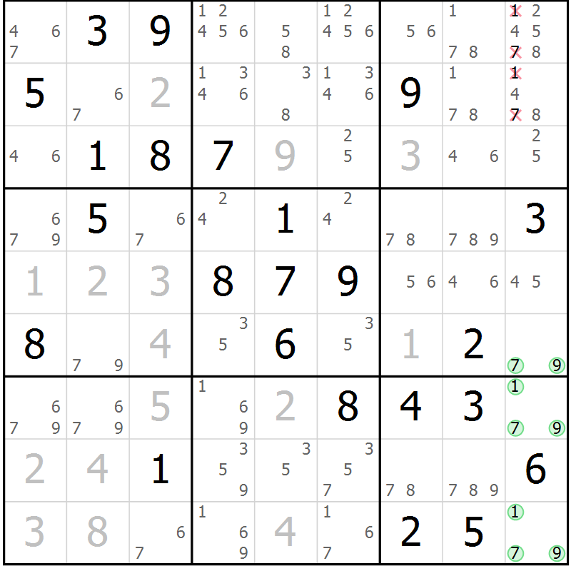 Position des candidats pour la solution de la Gr 77 page 80 du magazine de sudoku Virtuose n° 123