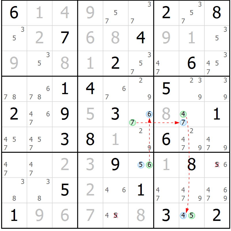 Position des candidats pour la solution de la Gr 78 page 81 du magazine de sudoku Virtuose n° 123