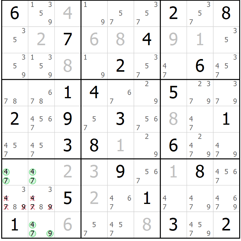 Position des candidats pour la solution de la Gr 78 page 81 du magazine de sudoku Virtuose n° 123