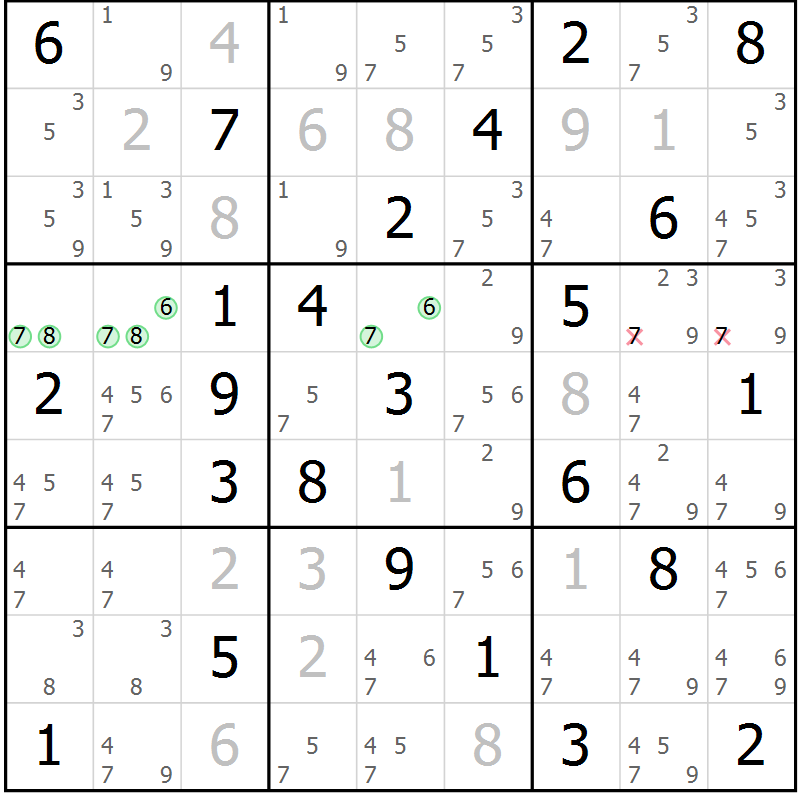 Position des candidats pour la solution de la Gr 78 page 81 du magazine de sudoku Virtuose n° 123
