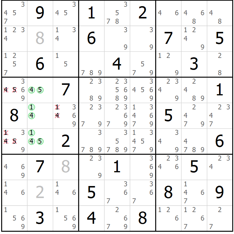Position des candidats pour la solution de la Gr 79 page 82 du magazine de sudoku Virtuose n° 123