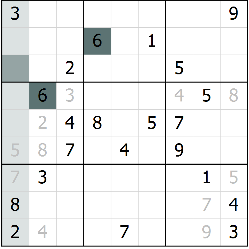 Position des candidats pour la solution de la Gr 8 page 11 du magazine de sudoku Virtuose n° 123