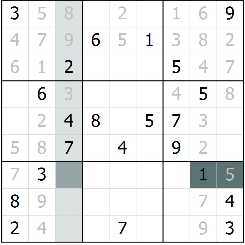 Position des candidats pour la solution de la Gr 8 page 11 du magazine de sudoku Virtuose n° 123