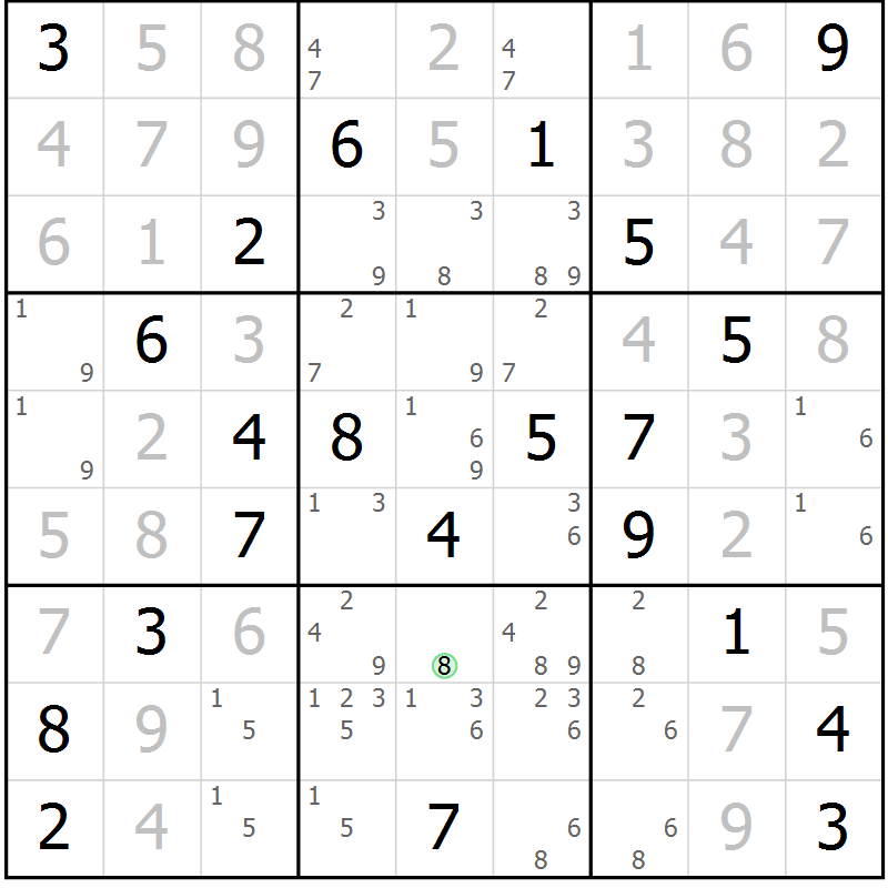 Position des candidats pour la solution de la Gr 8 page 11 du magazine de sudoku Virtuose n° 123