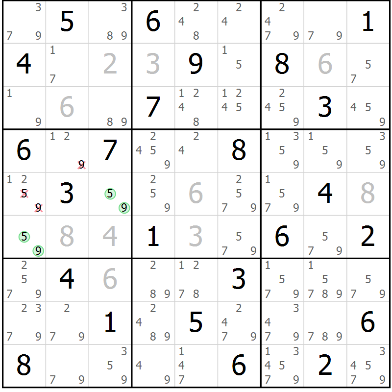 Position des candidats pour la solution de la Gr 80 page 83 du magazine de sudoku Virtuose n° 123