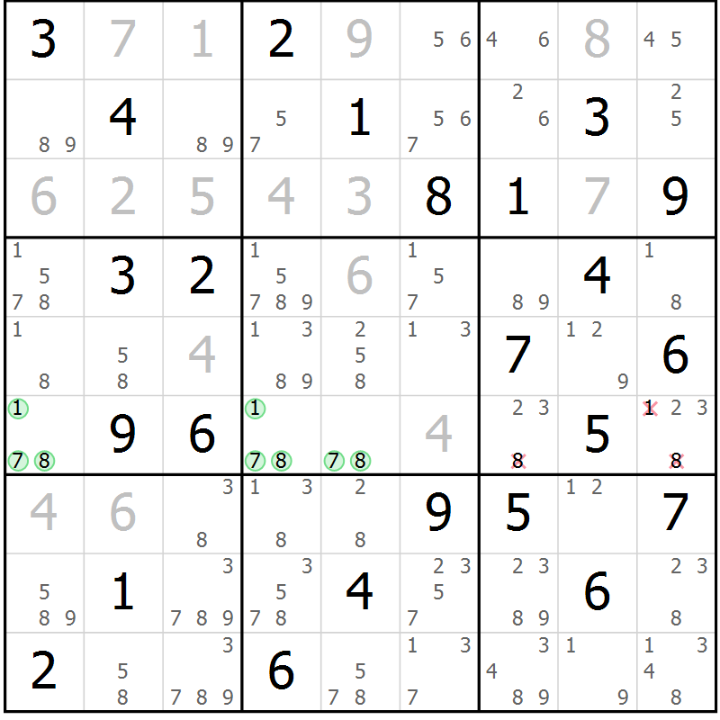 Position des candidats pour la solution de la Gr 81 page 84 du magazine de sudoku Virtuose n° 123