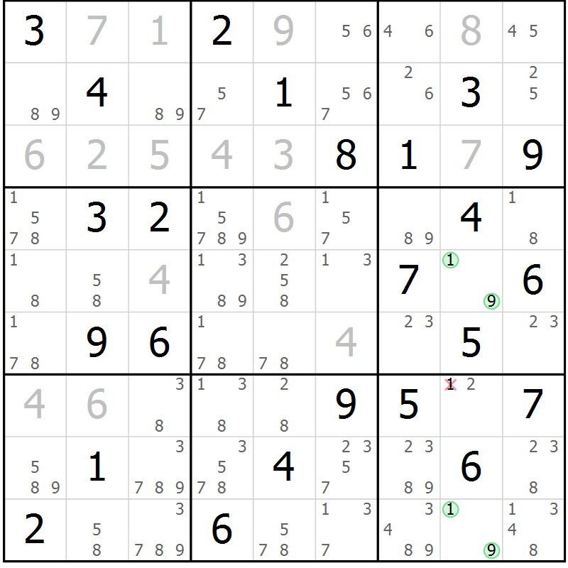 Position des candidats pour la solution de la Gr 81 page 84 du magazine de sudoku Virtuose n° 123