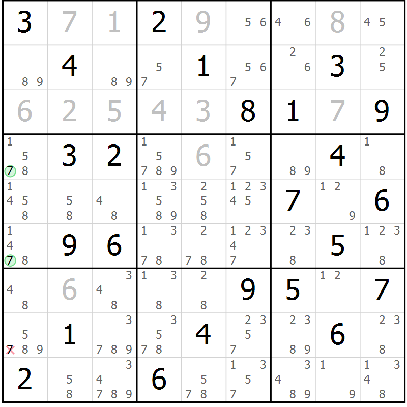 Position des candidats pour la solution de la Gr 81 page 84 du magazine de sudoku Virtuose n° 123