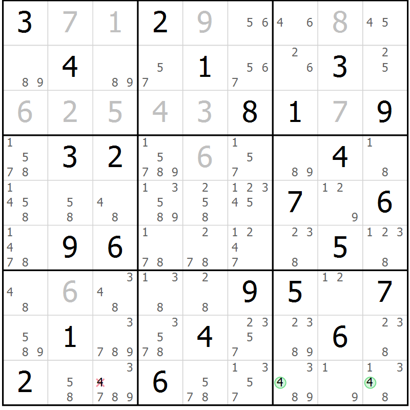 Position des candidats pour la solution de la Gr 81 page 84 du magazine de sudoku Virtuose n° 123