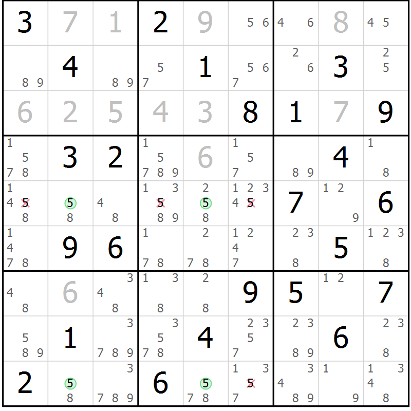 Position des candidats pour la solution de la Gr 81 page 84 du magazine de sudoku Virtuose n° 123