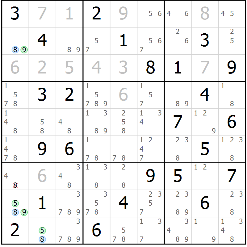 Position des candidats pour la solution de la Gr 81 page 84 du magazine de sudoku Virtuose n° 123