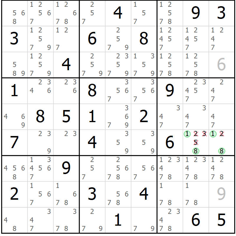 Position des candidats pour la solution de la Gr 82 page 85 du magazine de sudoku Virtuose n° 123