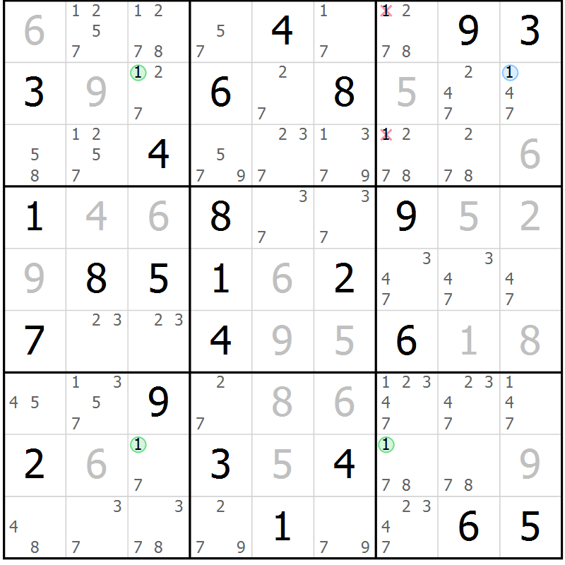 Position des candidats pour la solution de la Gr 82 page 85 du magazine de sudoku Virtuose n° 123