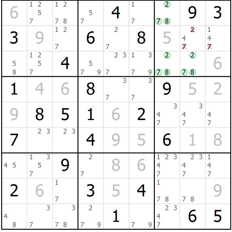 Position des candidats pour la solution de la Gr 82 page 85 du magazine de sudoku Virtuose n° 123