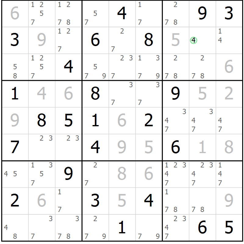 Position des candidats pour la solution de la Gr 82 page 85 du magazine de sudoku Virtuose n° 123