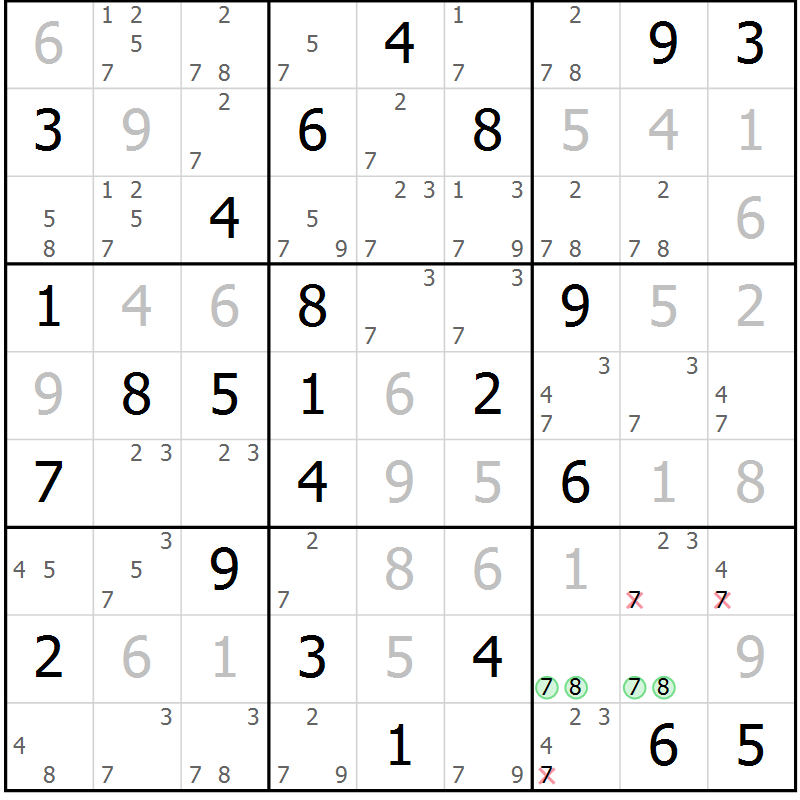 Position des candidats pour la solution de la Gr 82 page 85 du magazine de sudoku Virtuose n° 123
