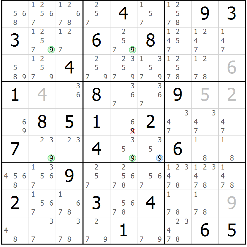 Position des candidats pour la solution de la Gr 82 page 85 du magazine de sudoku Virtuose n° 123