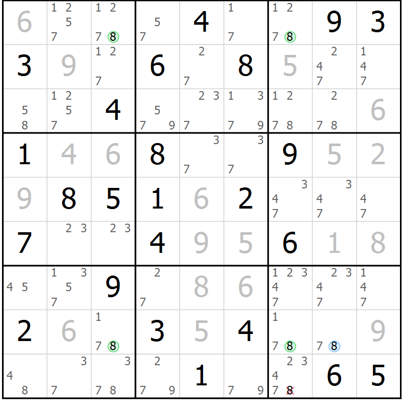 Position des candidats pour la solution de la Gr 82 page 85 du magazine de sudoku Virtuose n° 123