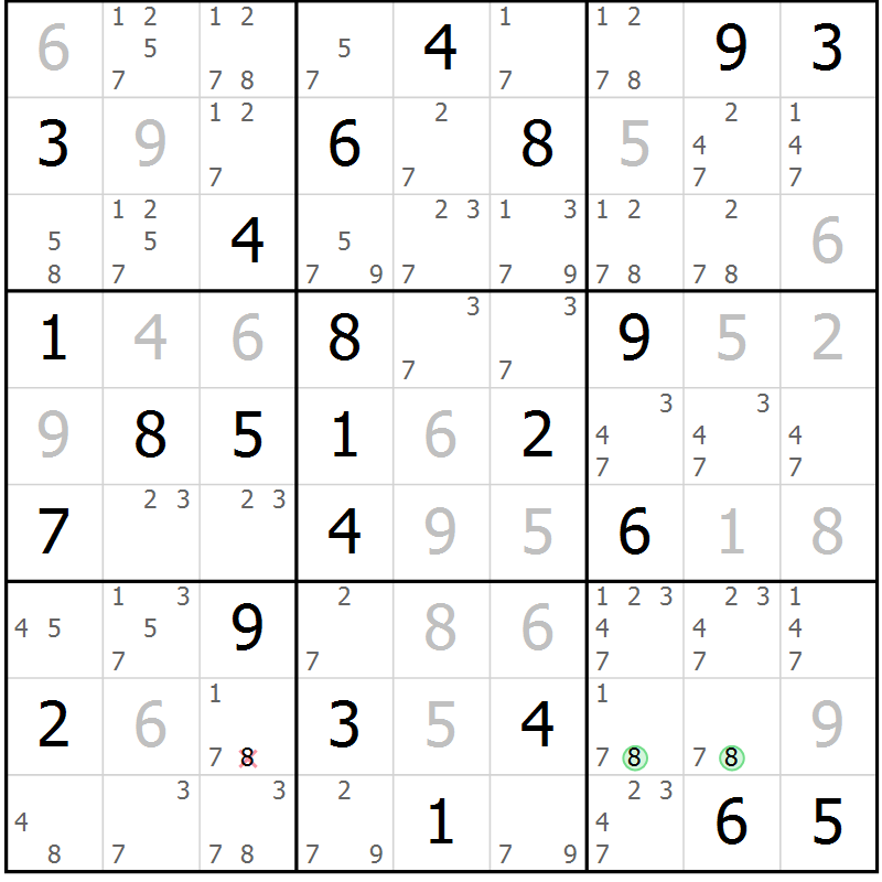 Position des candidats pour la solution de la Gr 82 page 85 du magazine de sudoku Virtuose n° 123