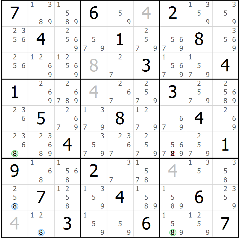 Position des candidats pour la solution de la Gr 83 page 86 du magazine de sudoku Virtuose n° 123