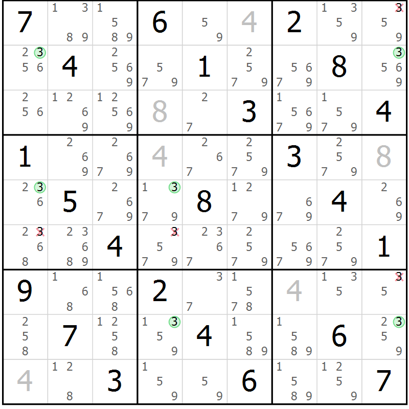 Position des candidats pour la solution de la Gr 83 page 86 du magazine de sudoku Virtuose n° 123
