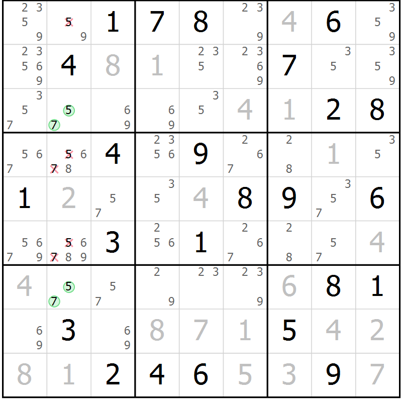 Position des candidats pour la solution de la Gr 84 page 87 du magazine de sudoku Virtuose n° 123