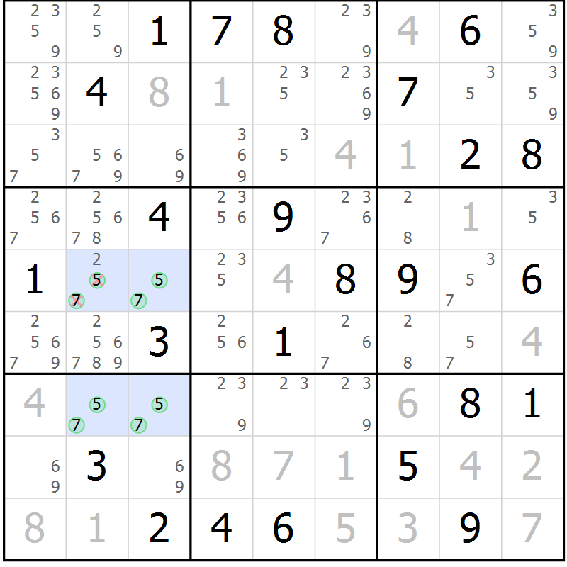Position des candidats pour la solution de la Gr 84 page 87 du magazine de sudoku Virtuose n° 123