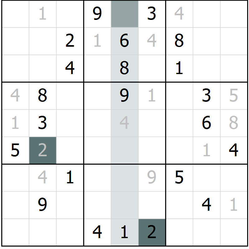 Position des candidats pour la solution de la Gr 9 page 12 du magazine de sudoku Virtuose n° 123