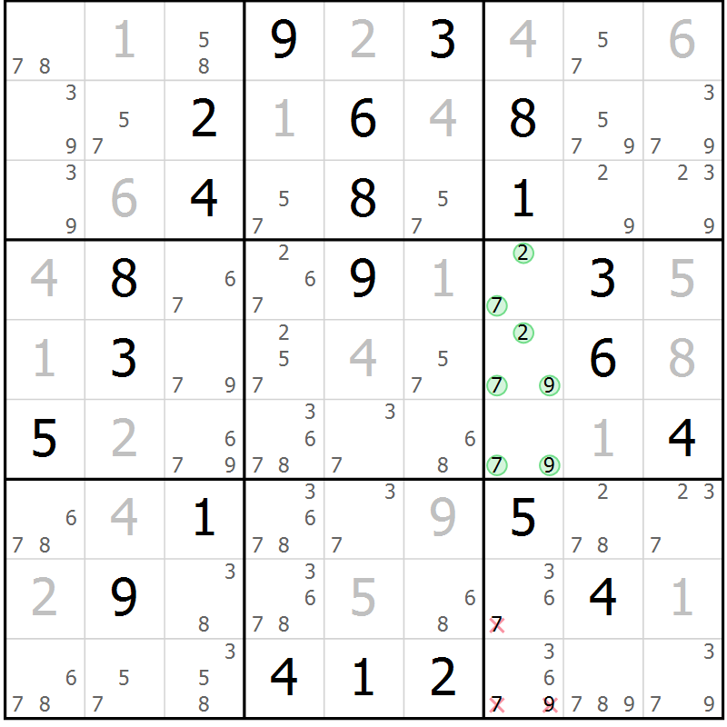 Position des candidats pour la solution de la Gr 9 page 12 du magazine de sudoku Virtuose n° 123