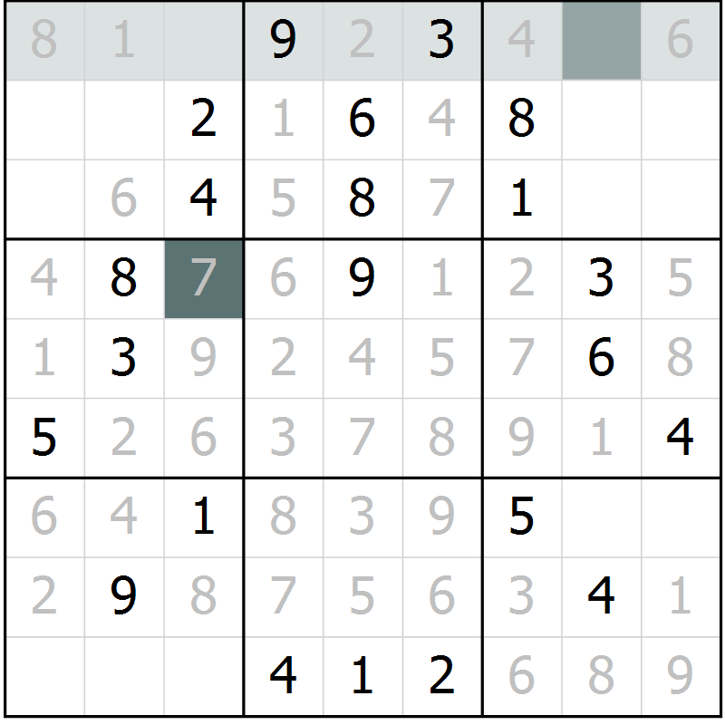 Position des candidats pour la solution de la Gr 9 page 12 du magazine de sudoku Virtuose n° 123