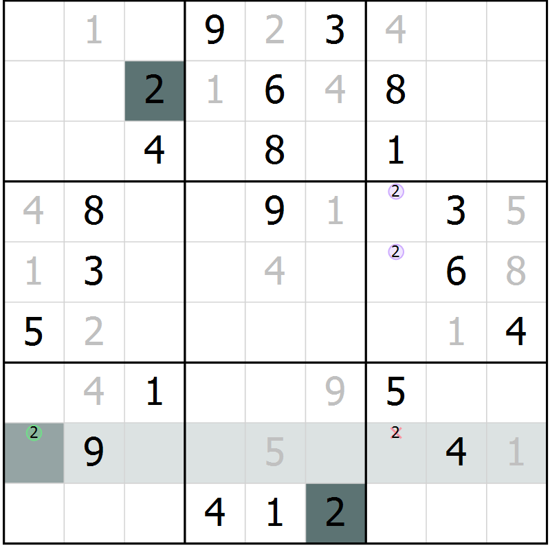 Position des candidats pour la solution de la Gr 9 page 12 du magazine de sudoku Virtuose n° 123