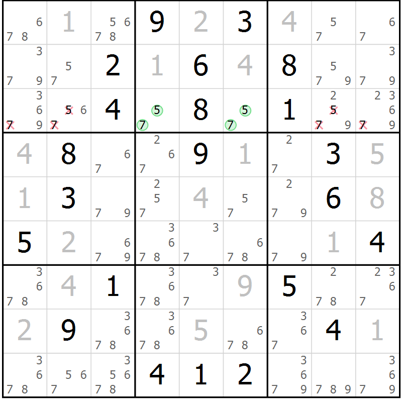 Position des candidats pour la solution de la Gr 9 page 12 du magazine de sudoku Virtuose n° 123