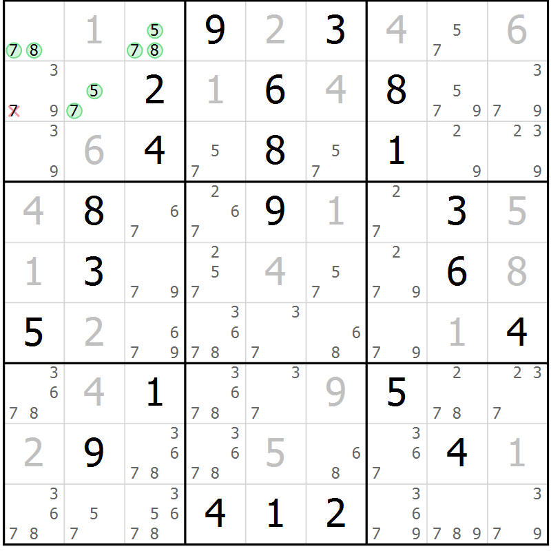 Position des candidats pour la solution de la Gr 9 page 12 du magazine de sudoku Virtuose n° 123