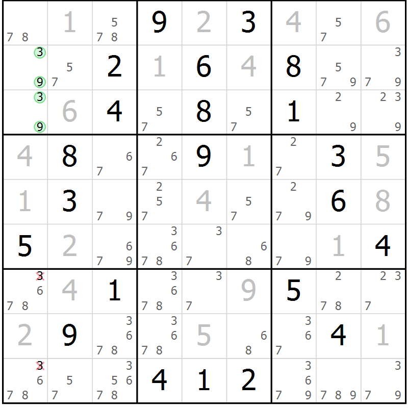 Position des candidats pour la solution de la Gr 9 page 12 du magazine de sudoku Virtuose n° 123