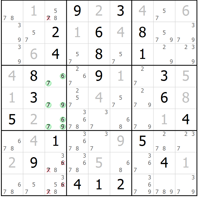 Position des candidats pour la solution de la Gr 9 page 12 du magazine de sudoku Virtuose n° 123