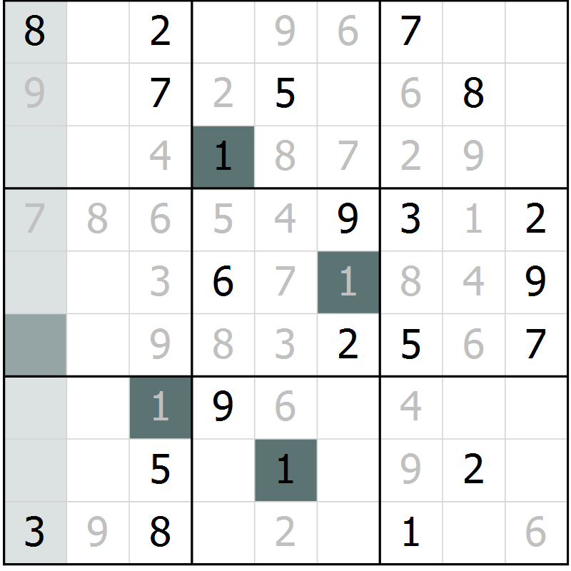 Position des candidats pour la solution de la Gr 1 page 4 du magazine de sudoku Virtuose n° 124