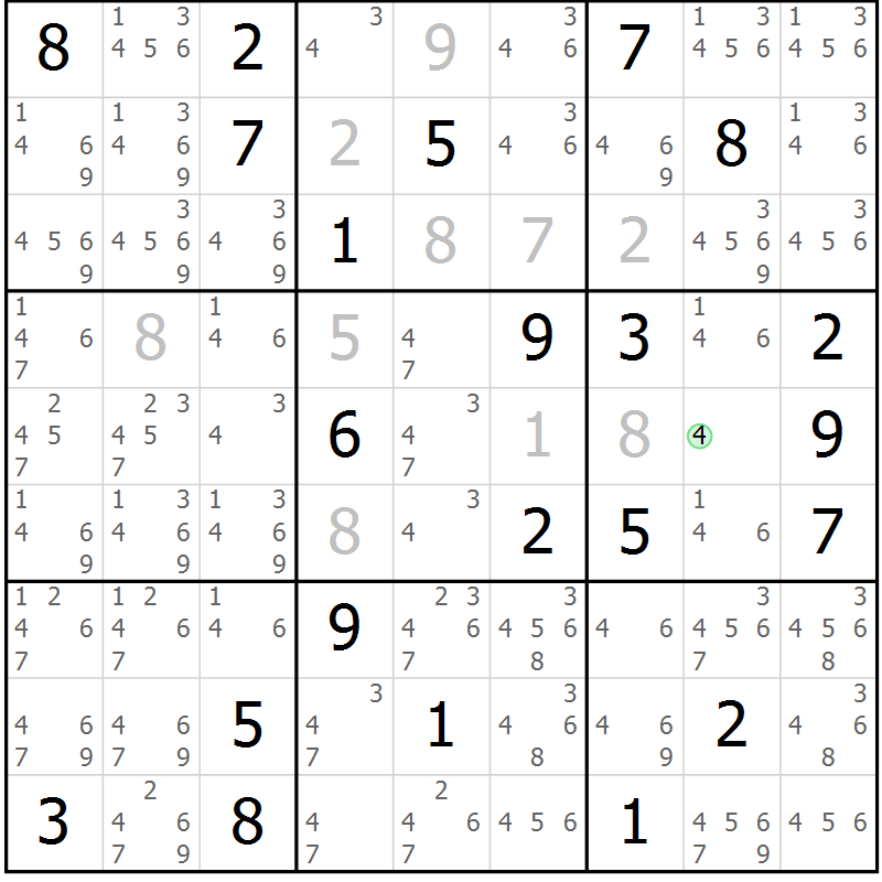 Position des candidats pour la solution de la Gr 1 page 4 du magazine de sudoku Virtuose n° 124