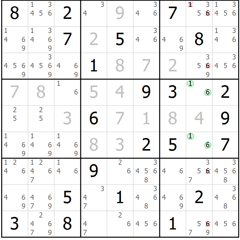 Position des candidats pour la solution de la Gr 1 page 4 du magazine de sudoku Virtuose n° 124