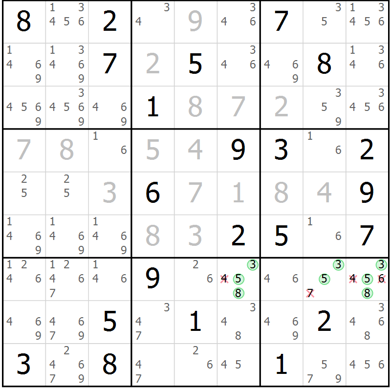 Position des candidats pour la solution de la Gr 1 page 4 du magazine de sudoku Virtuose n° 124