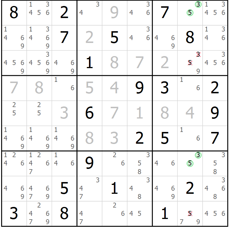 Position des candidats pour la solution de la Gr 1 page 4 du magazine de sudoku Virtuose n° 124