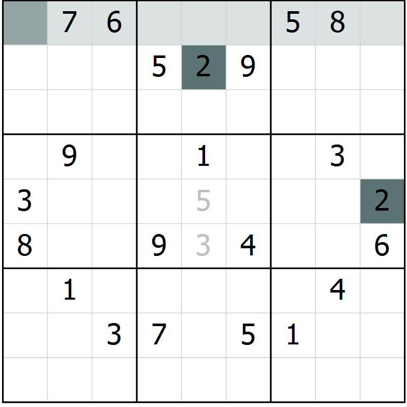 Position des candidats pour la solution de la Gr 10 page 13 du magazine de sudoku Virtuose n° 124