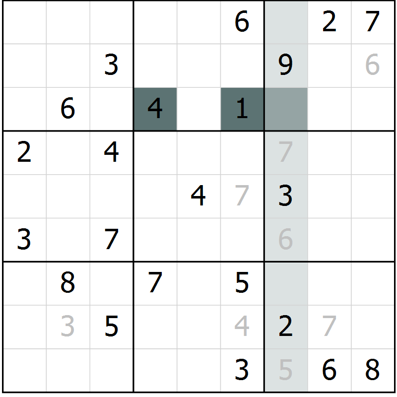Position des candidats pour la solution de la Gr 11 page 14 du magazine de sudoku Virtuose n° 124