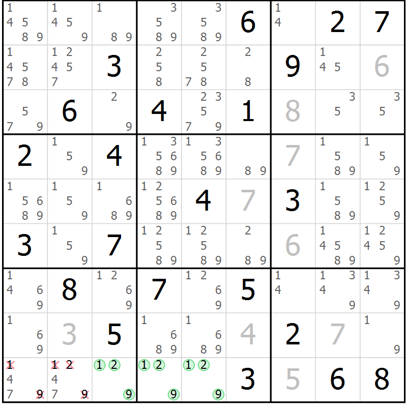 Position des candidats pour la solution de la Gr 11 page 14 du magazine de sudoku Virtuose n° 124