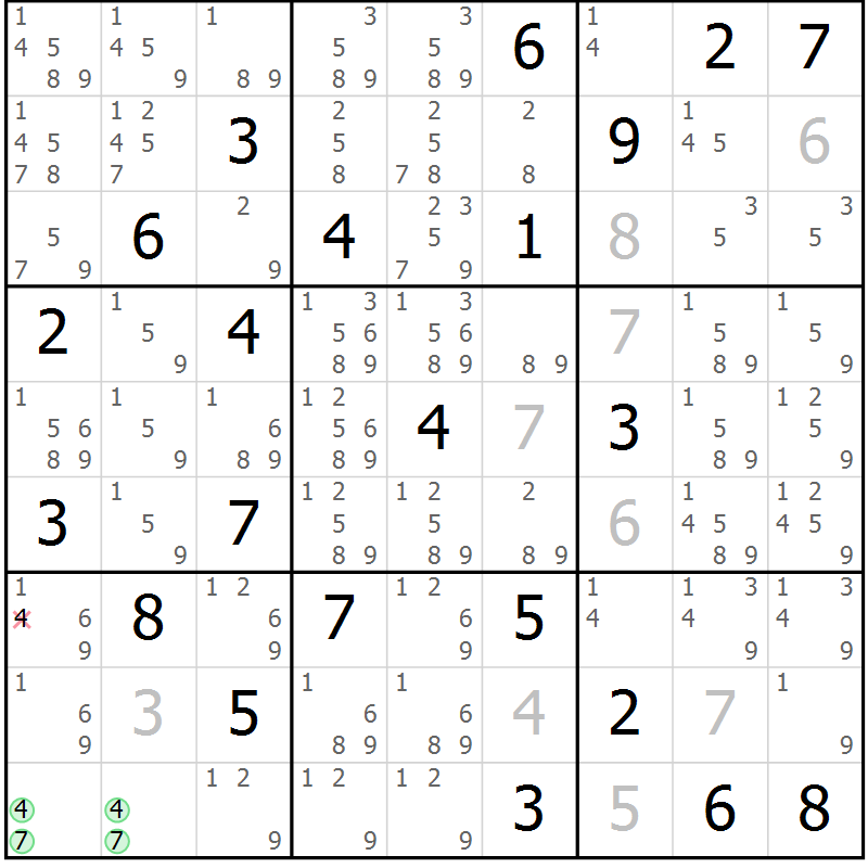 Position des candidats pour la solution de la Gr 11 page 14 du magazine de sudoku Virtuose n° 124