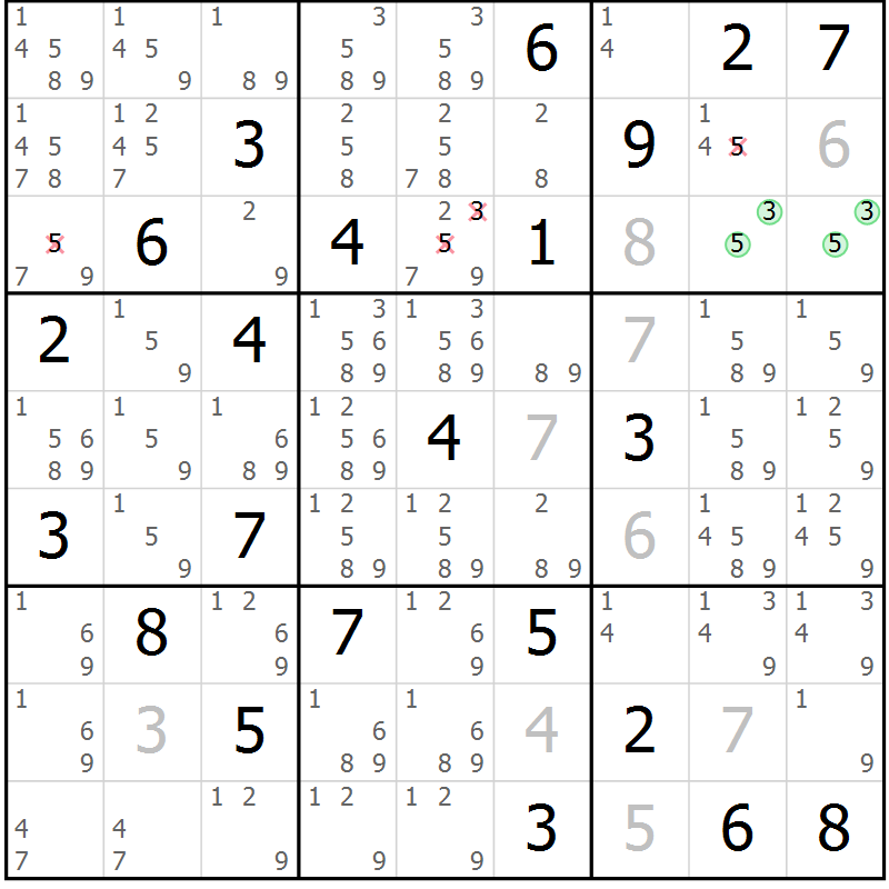 Position des candidats pour la solution de la Gr 11 page 14 du magazine de sudoku Virtuose n° 124