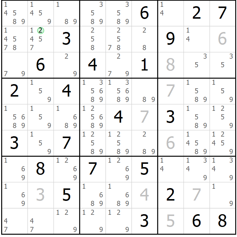 Position des candidats pour la solution de la Gr 11 page 14 du magazine de sudoku Virtuose n° 124